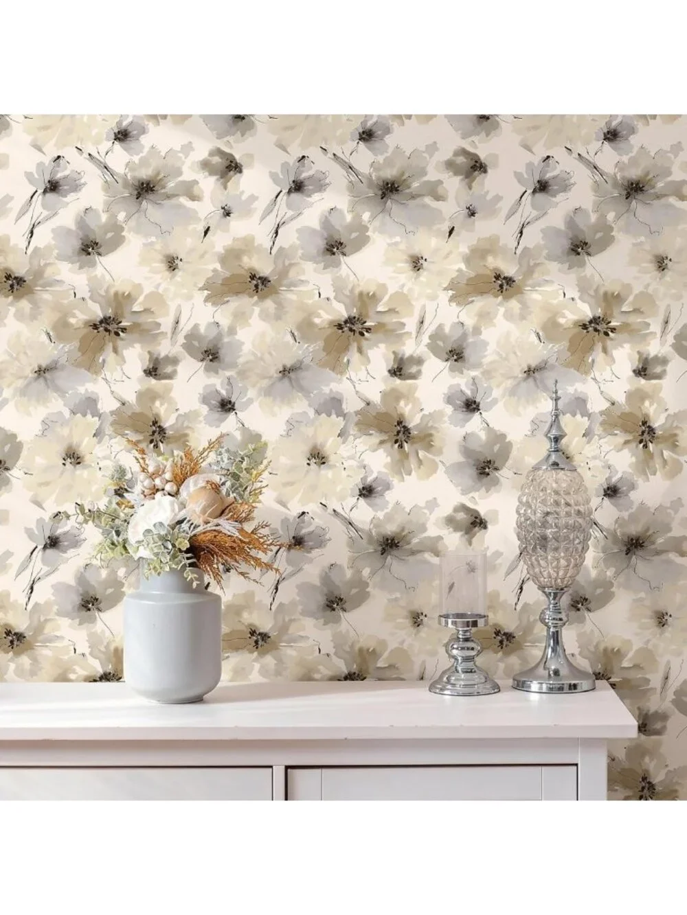 Beige Floral Watercolor Peel and Stick Wallpaper - Vintage Self-Adhesive Decor